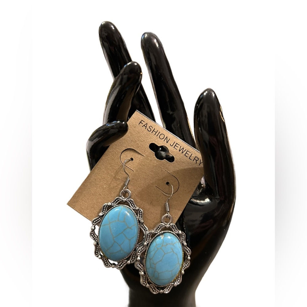 Large Oval Turquoise Crackle looking Stone Hanging Earrings. Great Gift!!